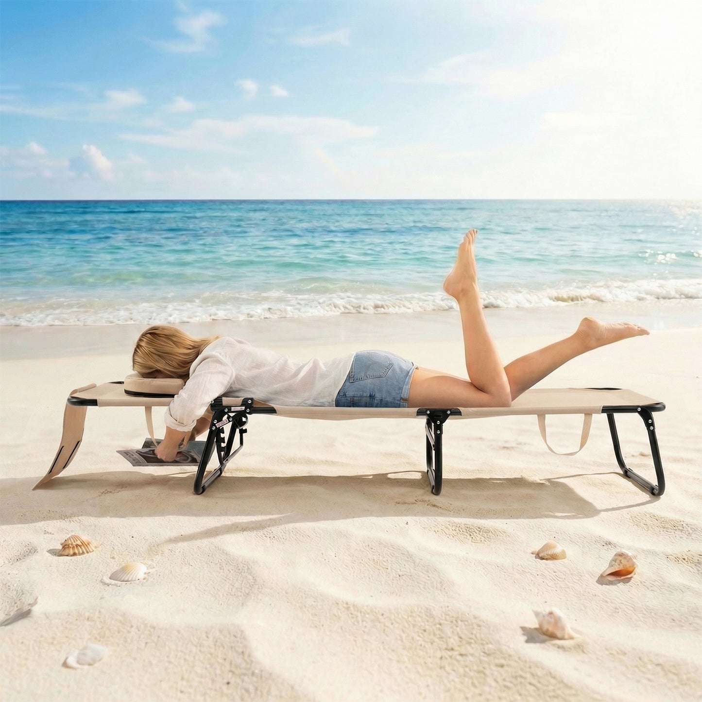 Folding Beach Sun Lounger Adjustable Face Down Tanning Chair with Face Hole and Removable Pillows-Beige