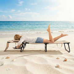 Folding Beach Sun Lounger Adjustable Face Down Tanning Chair with Face Hole and Removable Pillows-Beige