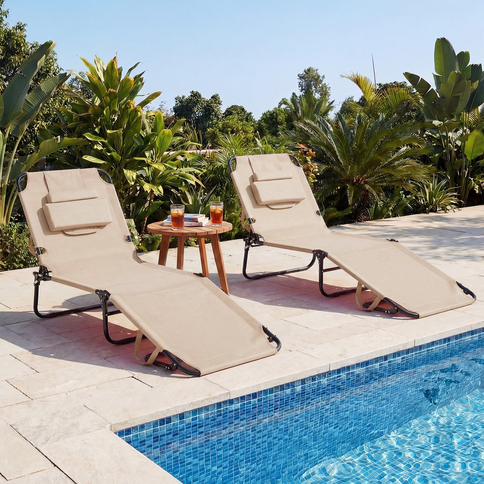 Folding Beach Sun Lounger Adjustable Face Down Tanning Chair with Face Hole and Removable Pillows-Beige