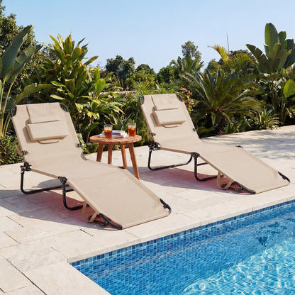 Folding Beach Sun Lounger Adjustable Face Down Tanning Chair with Face Hole and Removable Pillows-Beige