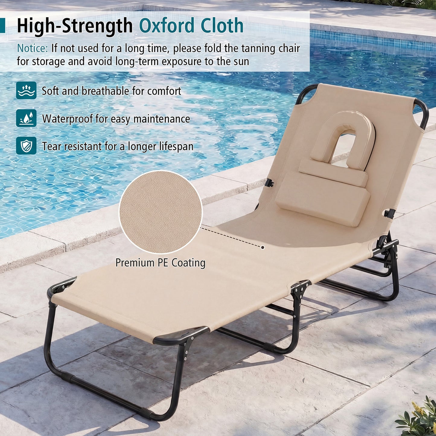 Folding Beach Sun Lounger Adjustable Face Down Tanning Chair with Face Hole and Removable Pillows-Beige