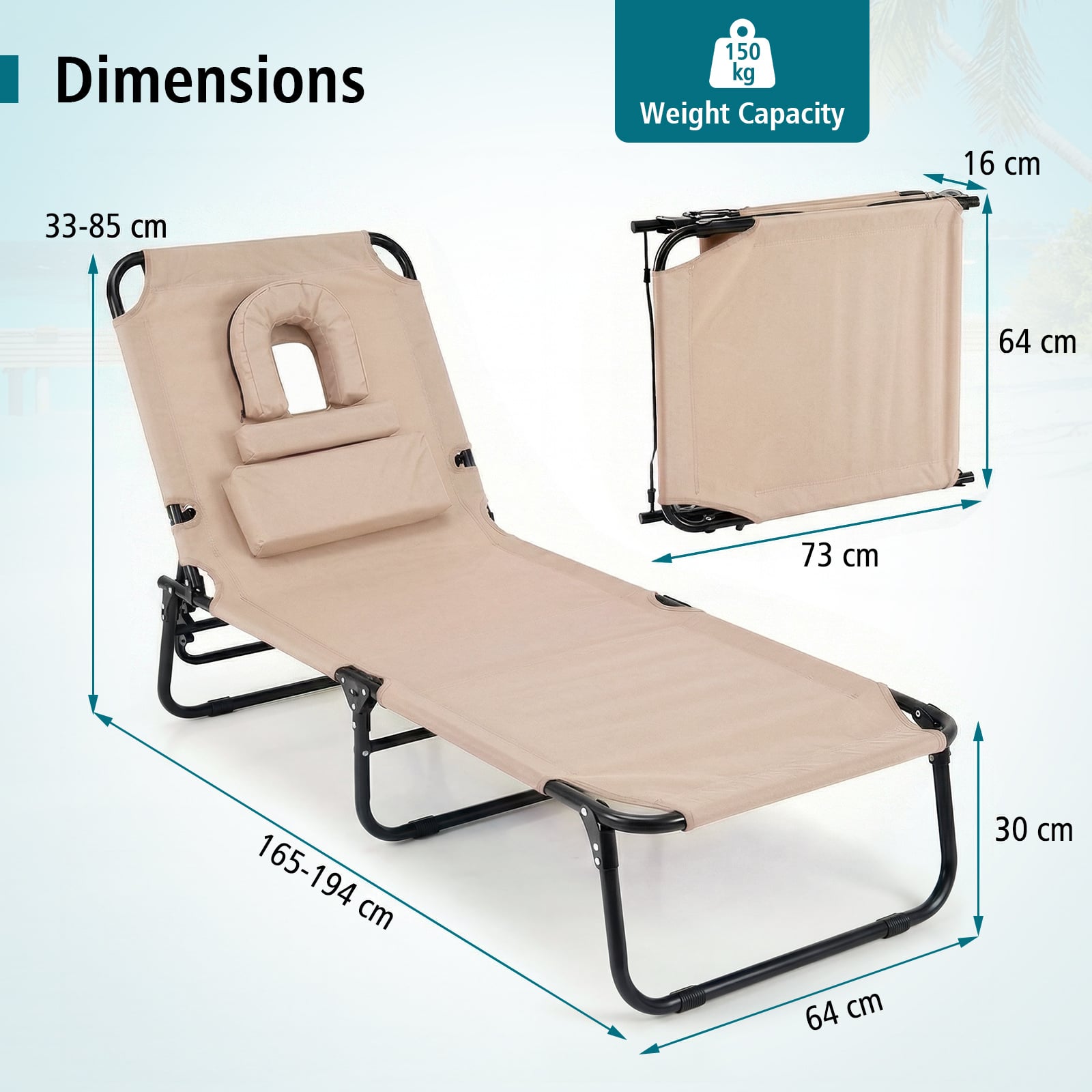 Folding Beach Sun Lounger Adjustable Face Down Tanning Chair with Face Hole and Removable Pillows-Beige