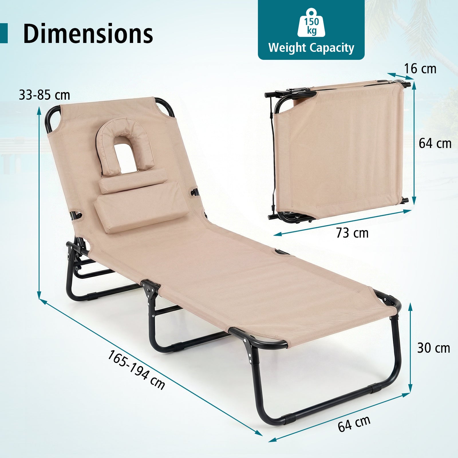 Folding Beach Sun Lounger Adjustable Face Down Tanning Chair with Face Hole and Removable Pillows-Beige