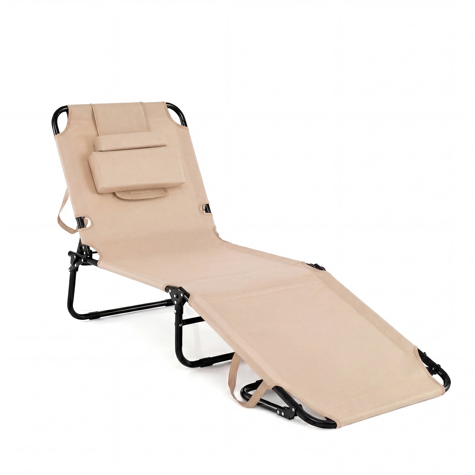 Folding Beach Sun Lounger Adjustable Face Down Tanning Chair with Face Hole and Removable Pillows-Beige