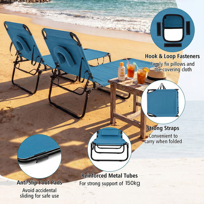 Folding Beach Sun Lounger Adjustable Face Down Tanning Chair with Face Hole and Removable Pillows-Blue