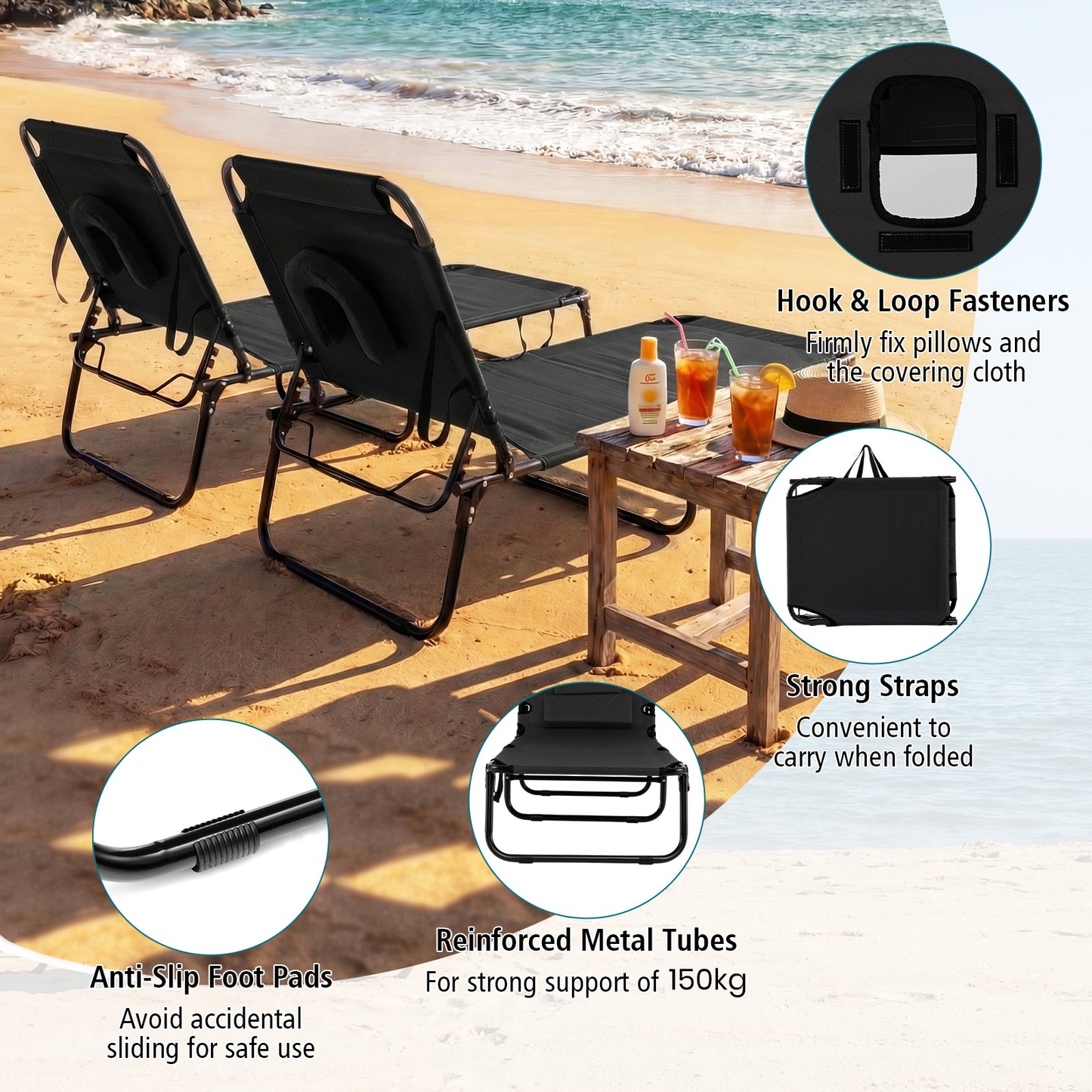 Folding Beach Sun Lounger Adjustable Face Down Tanning Chair with Face Hole and Removable Pillows-Black