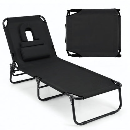 Folding Beach Sun Lounger Adjustable Face Down Tanning Chair with Face Hole and Removable Pillows-Black