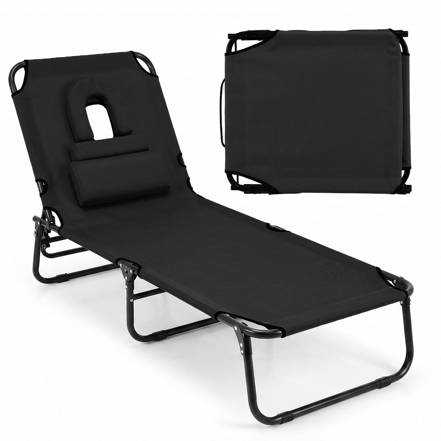 Folding Beach Sun Lounger Adjustable Face Down Tanning Chair with Face Hole and Removable Pillows-Black