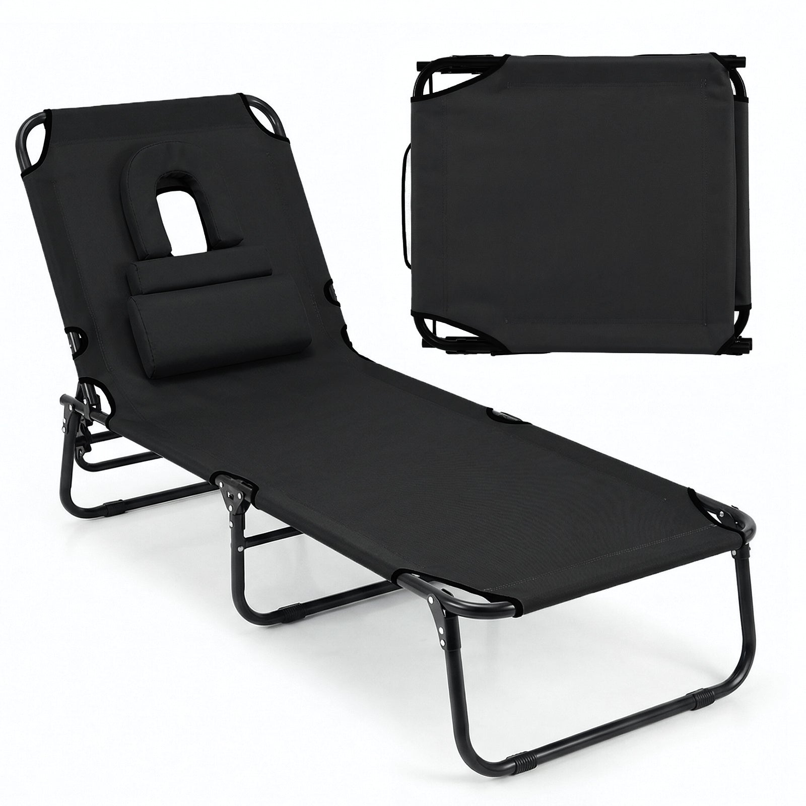Folding Beach Sun Lounger Adjustable Face Down Tanning Chair with Face Hole and Removable Pillows-Black