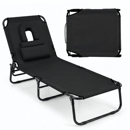 Folding Beach Sun Lounger Adjustable Face Down Tanning Chair with Face Hole and Removable Pillows-Black