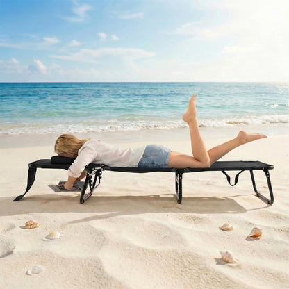 Folding Beach Sun Lounger Adjustable Face Down Tanning Chair with Face Hole and Removable Pillows-Black