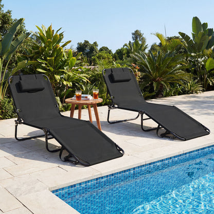 Folding Beach Sun Lounger Adjustable Face Down Tanning Chair with Face Hole and Removable Pillows-Black