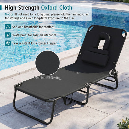 Folding Beach Sun Lounger Adjustable Face Down Tanning Chair with Face Hole and Removable Pillows-Black