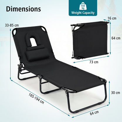 Folding Beach Sun Lounger Adjustable Face Down Tanning Chair with Face Hole and Removable Pillows-Black