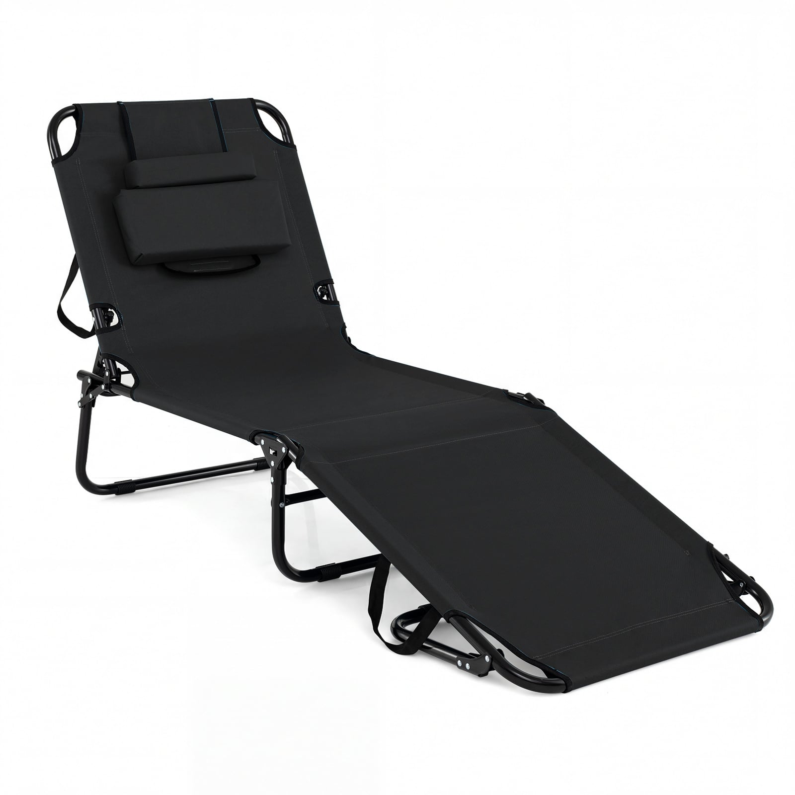Folding Beach Sun Lounger Adjustable Face Down Tanning Chair with Face Hole and Removable Pillows-Black