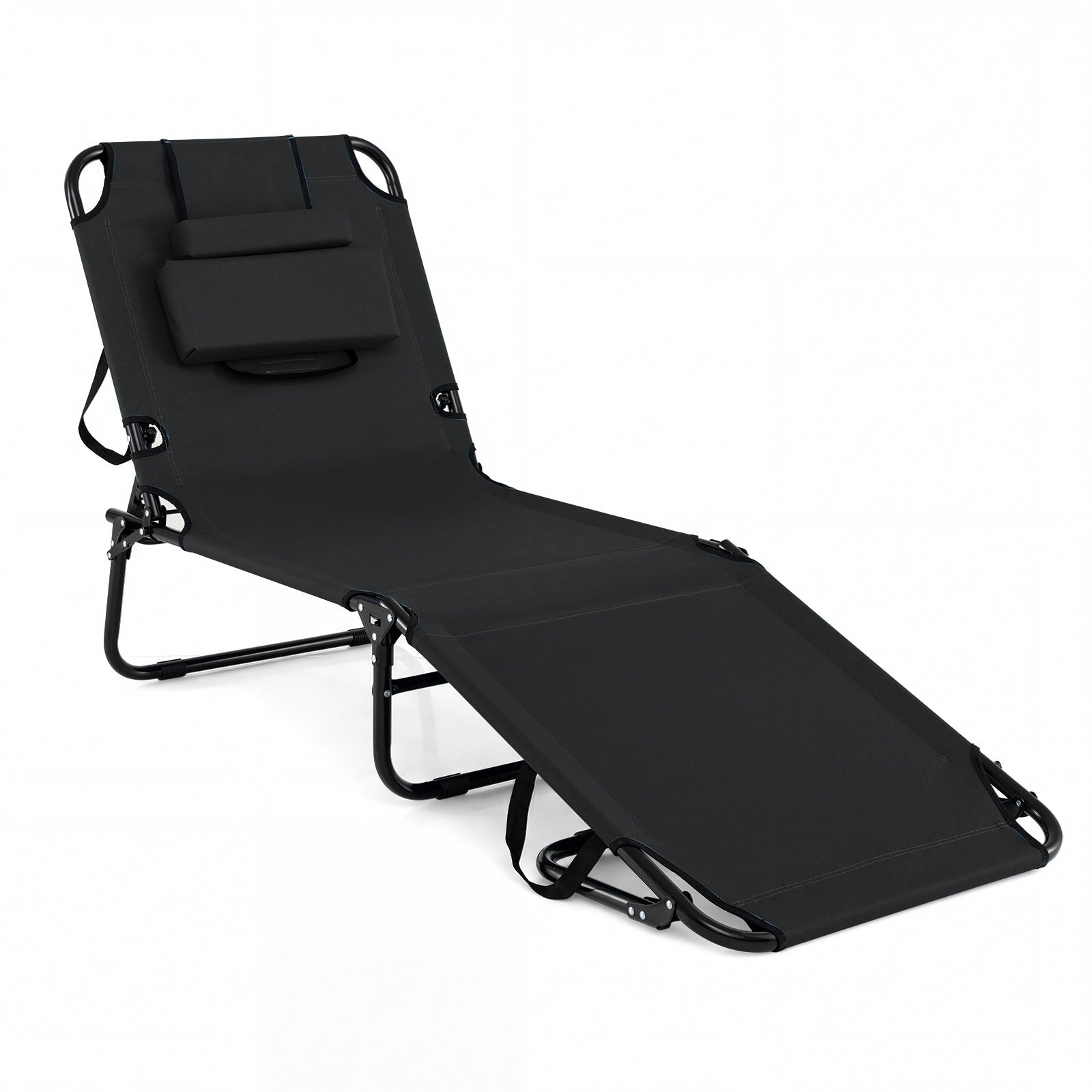 Folding Beach Sun Lounger Adjustable Face Down Tanning Chair with Face Hole and Removable Pillows-Black