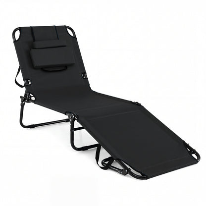 Folding Beach Sun Lounger Adjustable Face Down Tanning Chair with Face Hole and Removable Pillows-Black