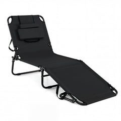 Folding Beach Sun Lounger Adjustable Face Down Tanning Chair with Face Hole and Removable Pillows-Black