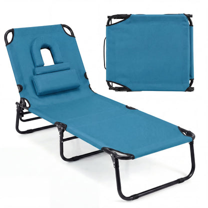 Folding Beach Sun Lounger Adjustable Face Down Tanning Chair with Face Hole and Removable Pillows-Blue