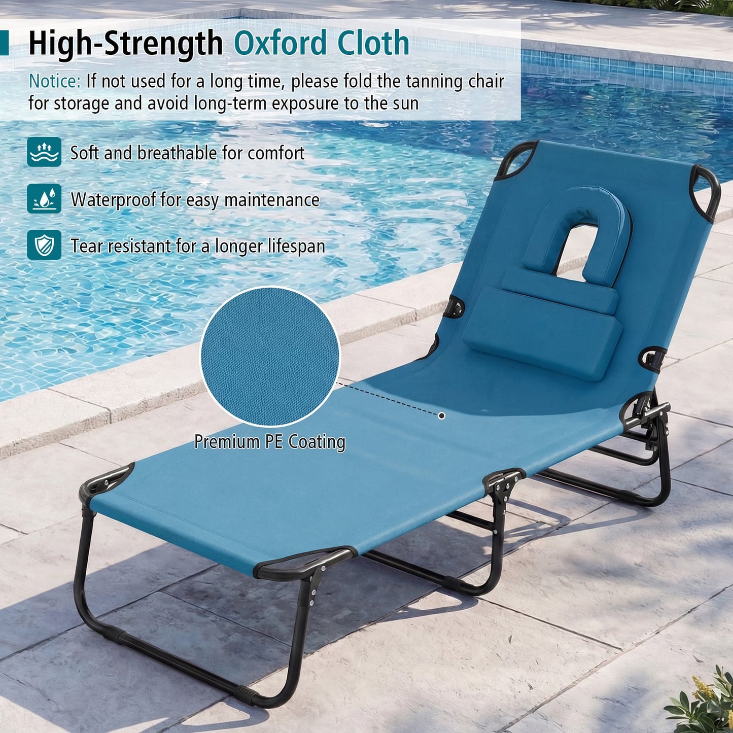 Folding Beach Sun Lounger Adjustable Face Down Tanning Chair with Face Hole and Removable Pillows-Blue