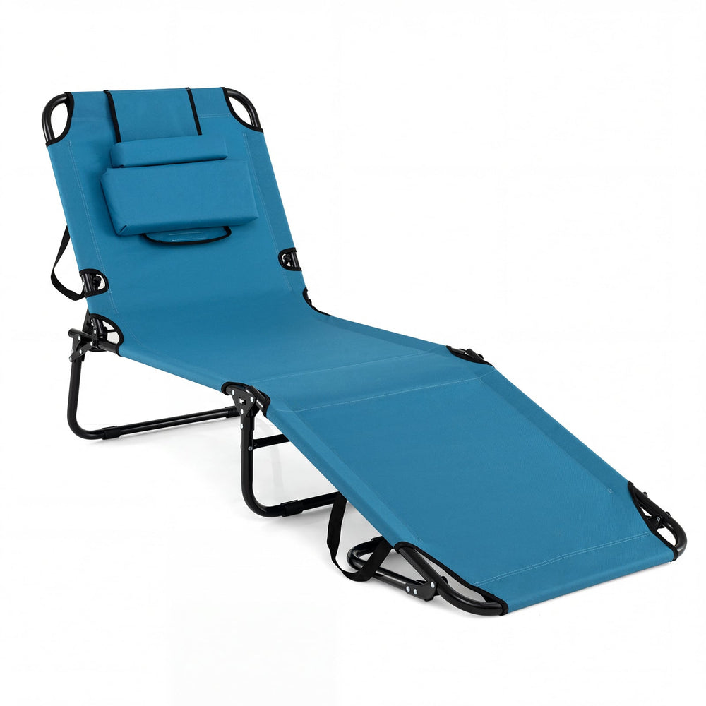 Folding Beach Sun Lounger Adjustable Face Down Tanning Chair with Face Hole and Removable Pillows-Blue