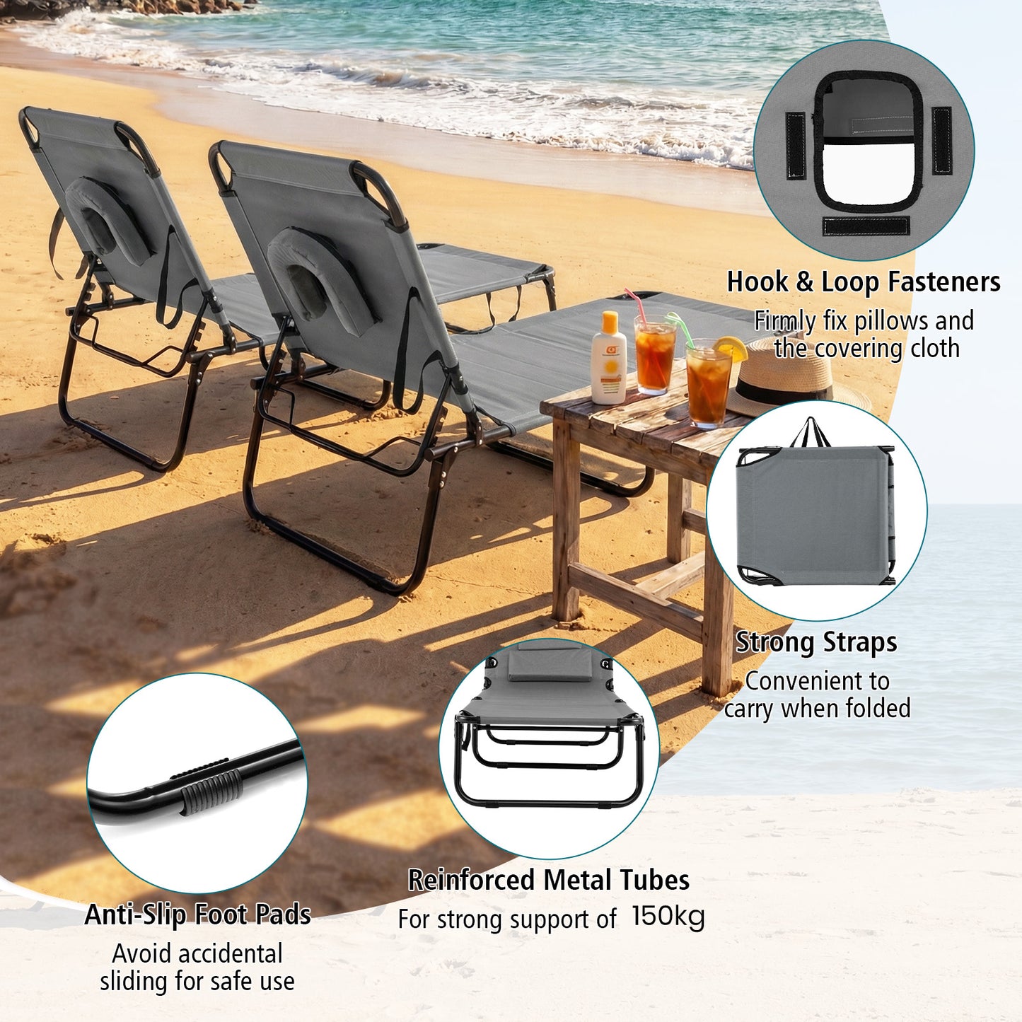 Folding Beach Sun Lounger Adjustable Face Down Tanning Chair with Face Hole and Removable Pillows-Grey