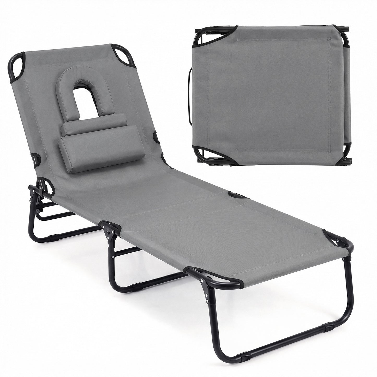 Folding Beach Sun Lounger Adjustable Face Down Tanning Chair with Face Hole and Removable Pillows-Grey