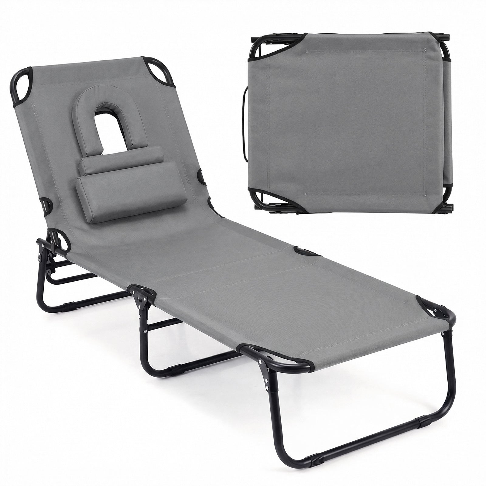 Folding Beach Sun Lounger Adjustable Face Down Tanning Chair with Face Hole and Removable Pillows-Grey
