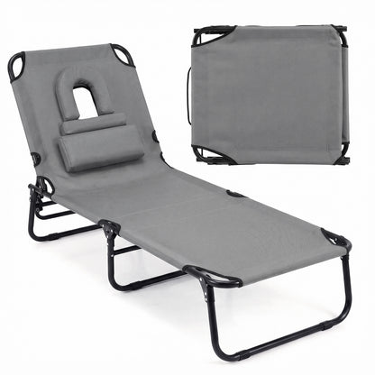 Folding Beach Sun Lounger Adjustable Face Down Tanning Chair with Face Hole and Removable Pillows-Grey
