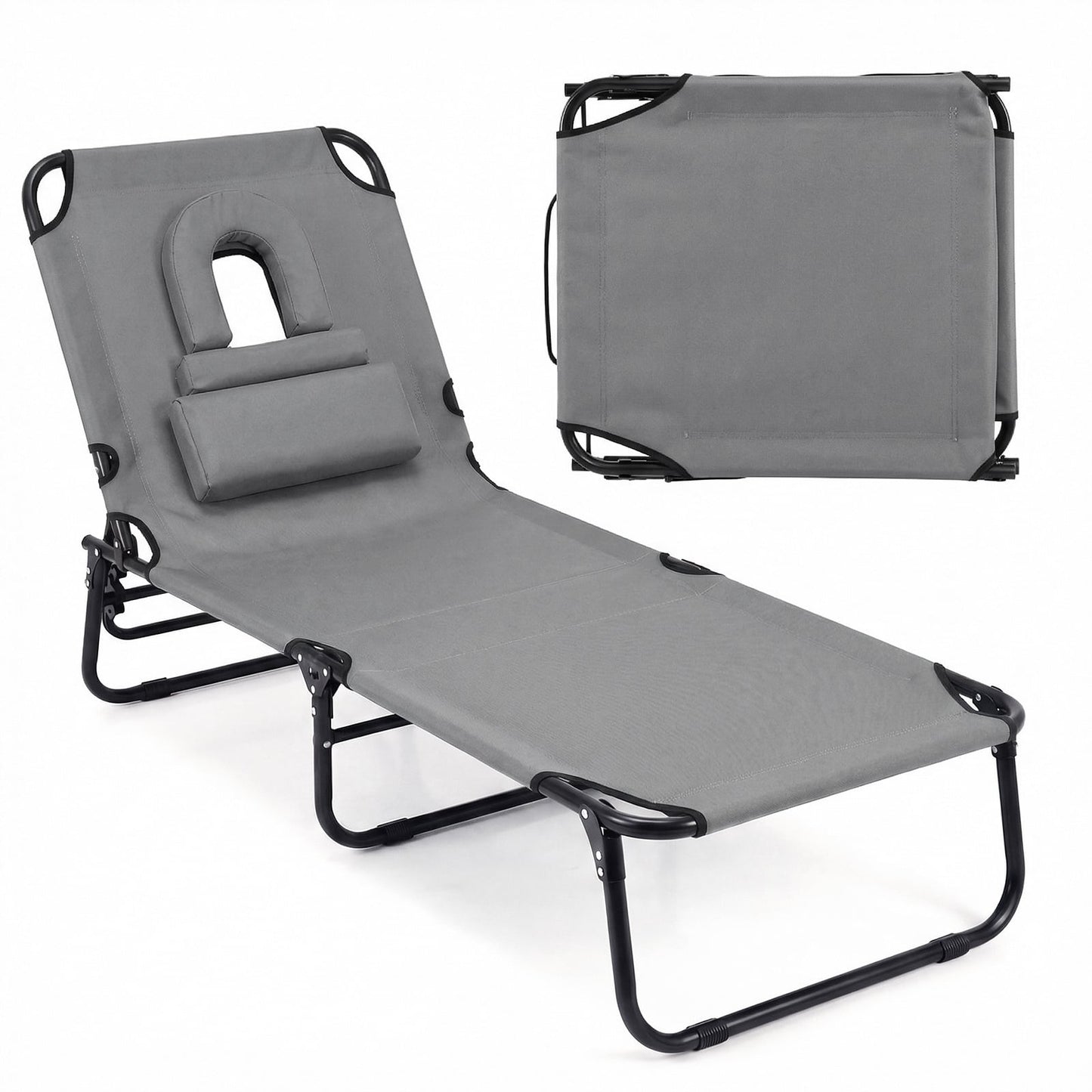 Folding Beach Sun Lounger Adjustable Face Down Tanning Chair with Face Hole and Removable Pillows-Grey