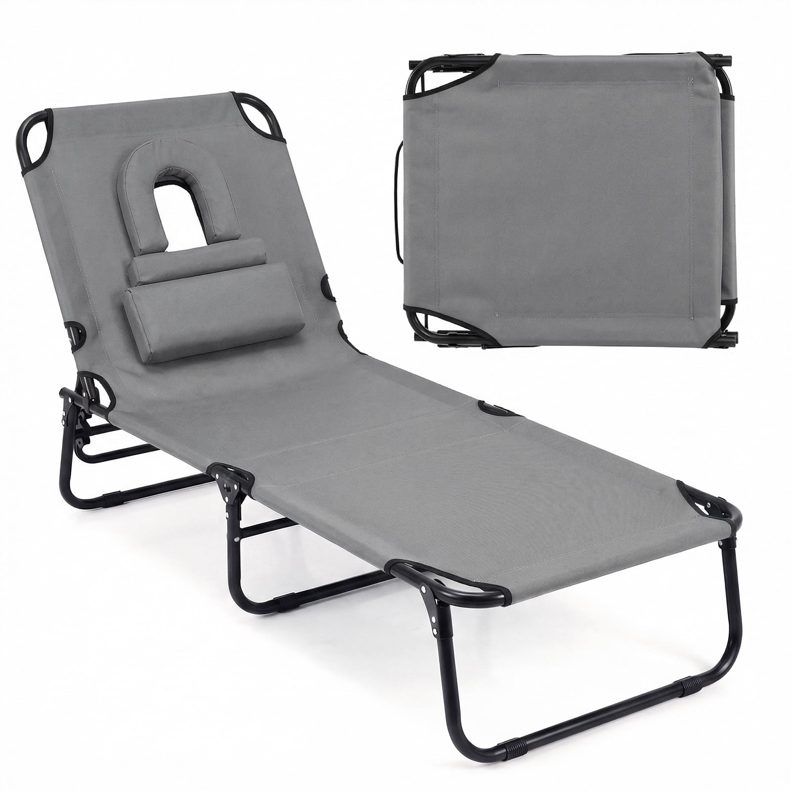 Folding Beach Sun Lounger Adjustable Face Down Tanning Chair with Face Hole and Removable Pillows-Grey