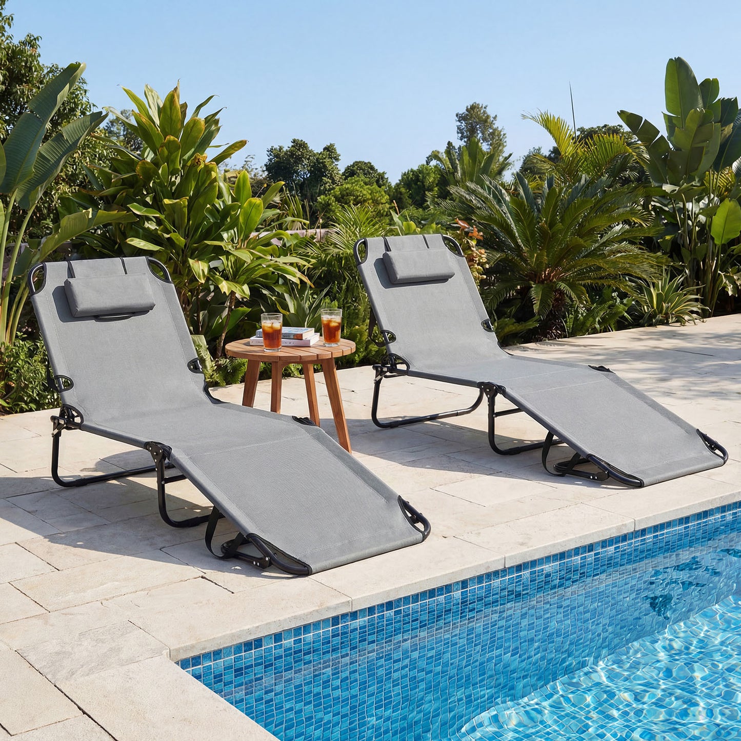 Folding Beach Sun Lounger Adjustable Face Down Tanning Chair with Face Hole and Removable Pillows-Grey
