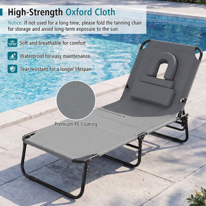 Folding Beach Sun Lounger Adjustable Face Down Tanning Chair with Face Hole and Removable Pillows-Grey