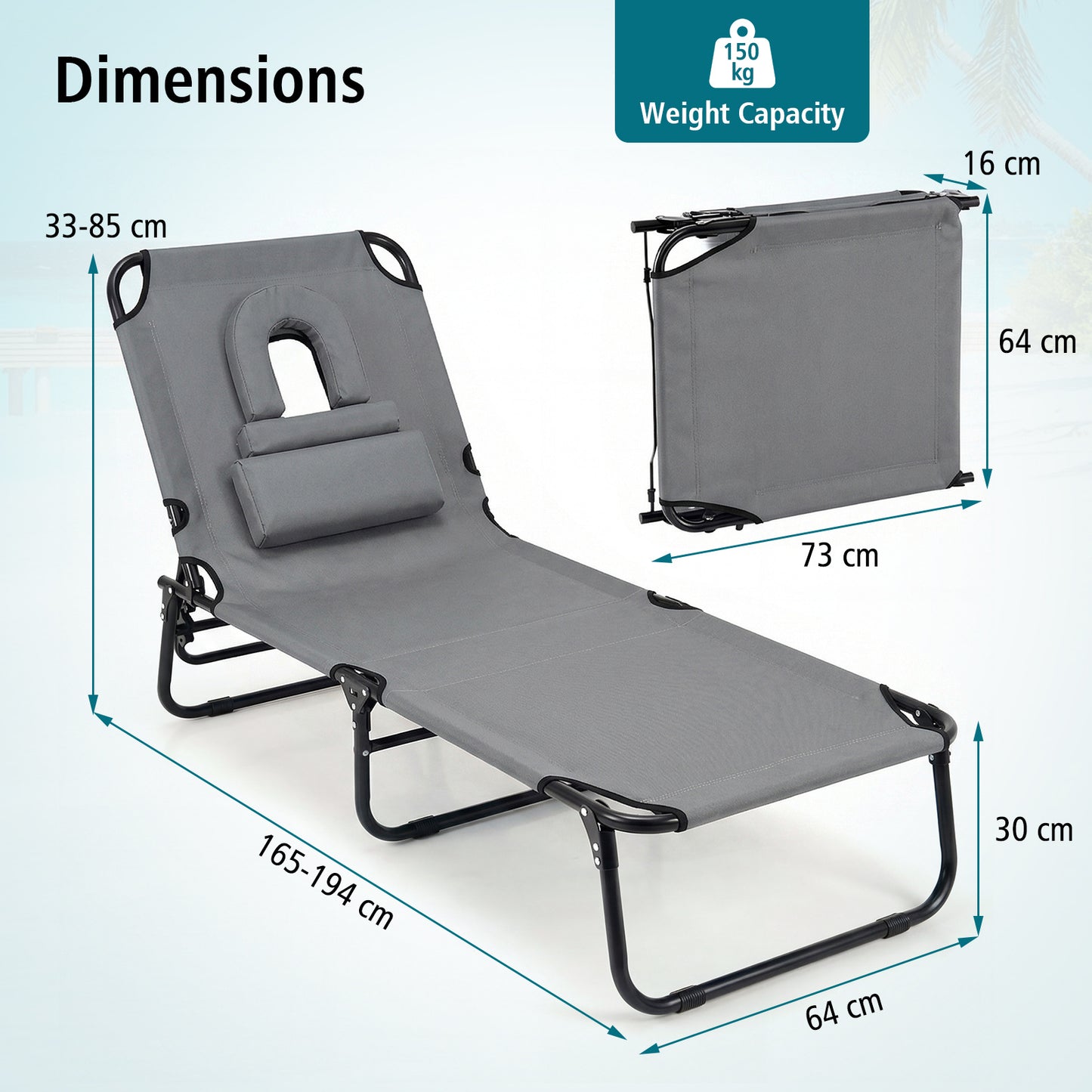 Folding Beach Sun Lounger Adjustable Face Down Tanning Chair with Face Hole and Removable Pillows-Grey