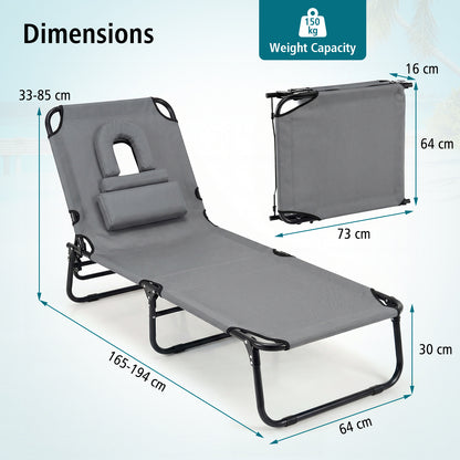 Folding Beach Sun Lounger Adjustable Face Down Tanning Chair with Face Hole and Removable Pillows-Grey