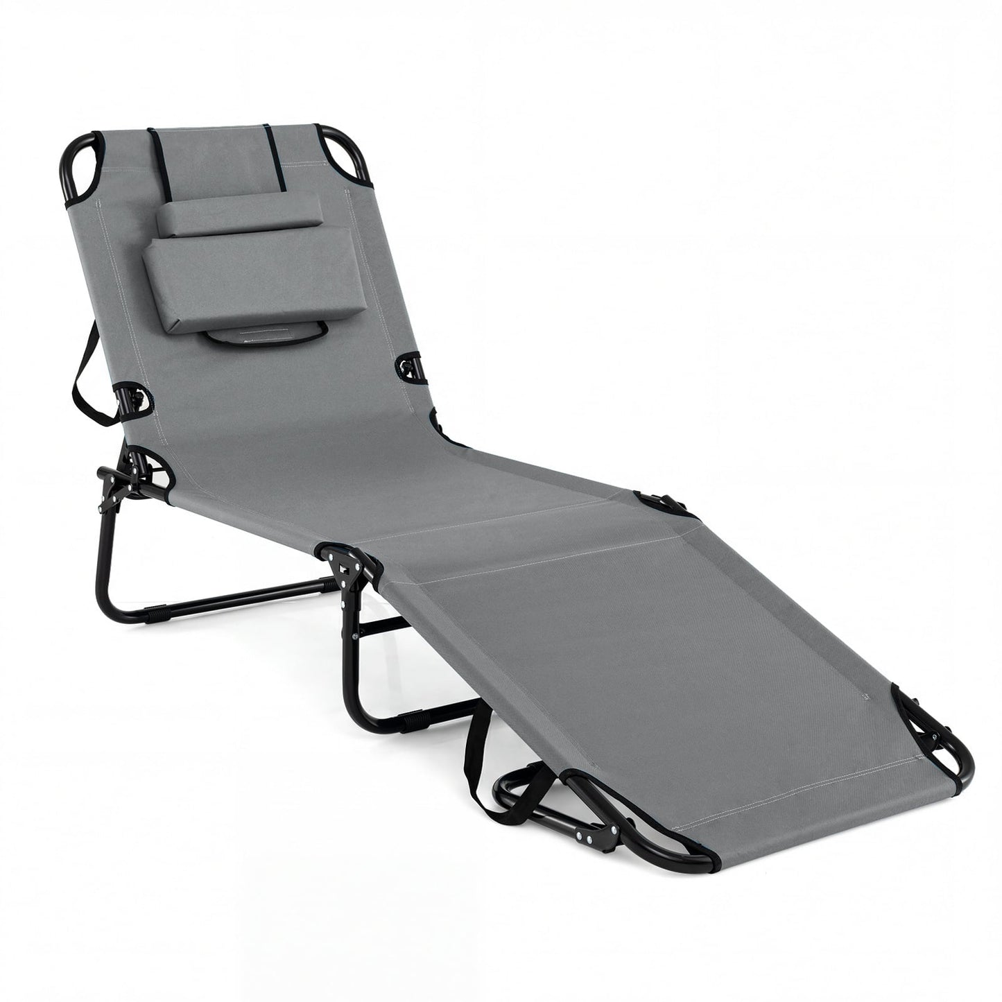 Folding Beach Sun Lounger Adjustable Face Down Tanning Chair with Face Hole and Removable Pillows-Grey