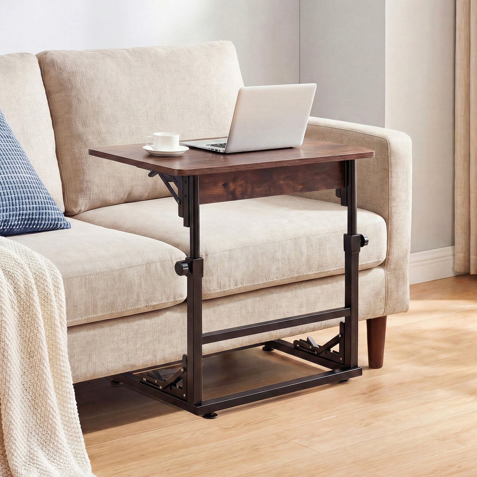 Folding C-Shaped End Table with Metal Frame for Living Room-Rustic Brown