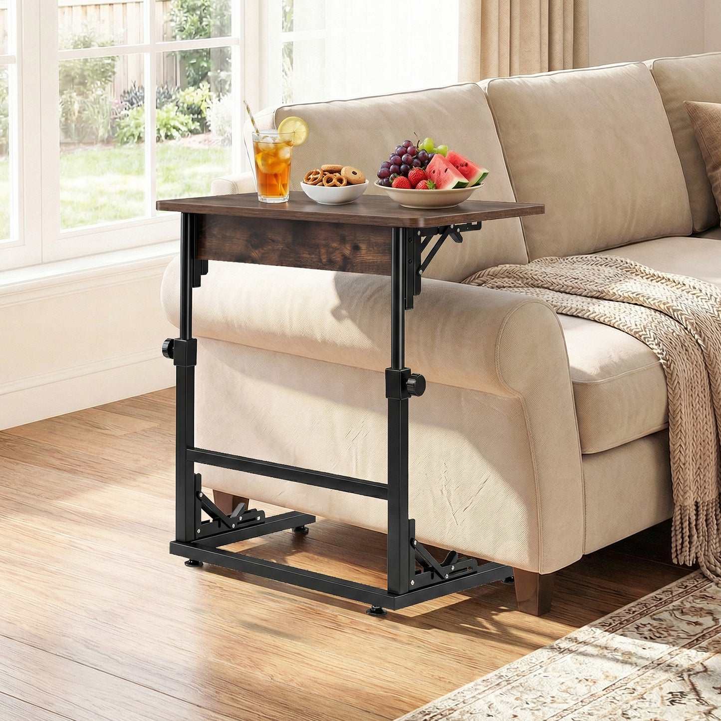 Folding C-Shaped End Table with Metal Frame for Living Room-Rustic Brown