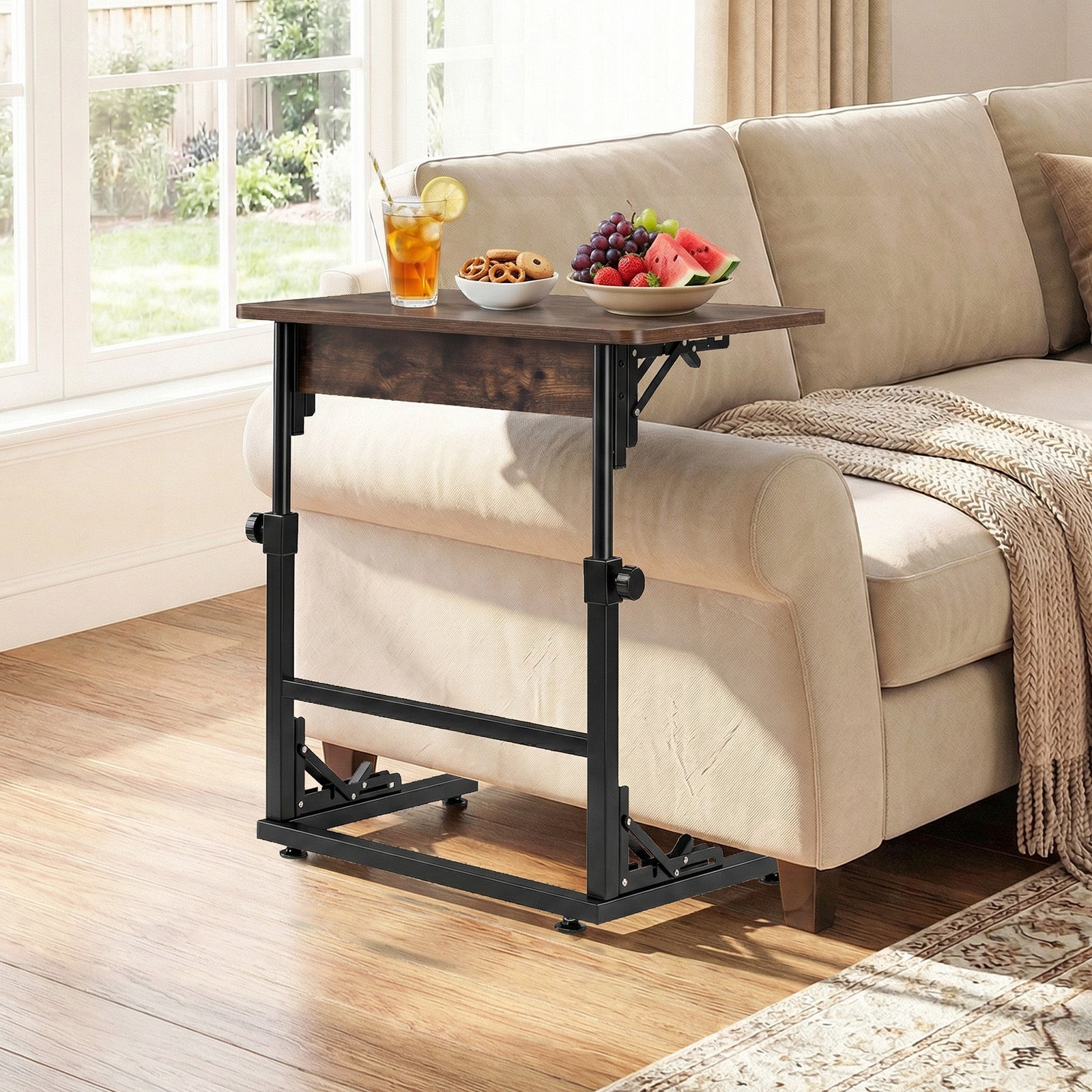 Folding C-Shaped End Table with Metal Frame for Living Room-Rustic Brown