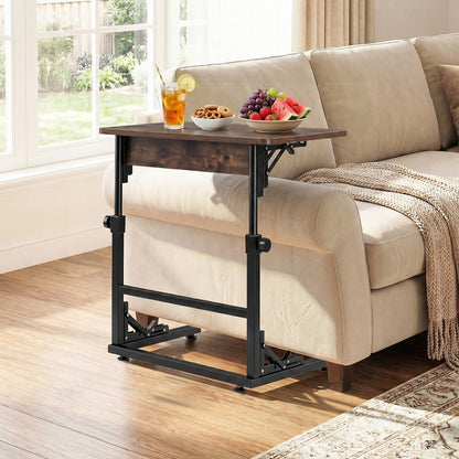 Folding C-Shaped End Table with Metal Frame for Living Room-Rustic Brown