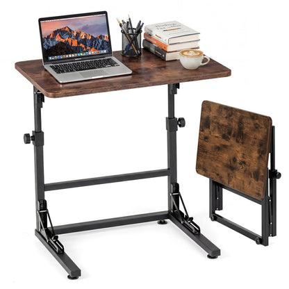 Folding C-Shaped End Table with Metal Frame for Living Room-Rustic Brown