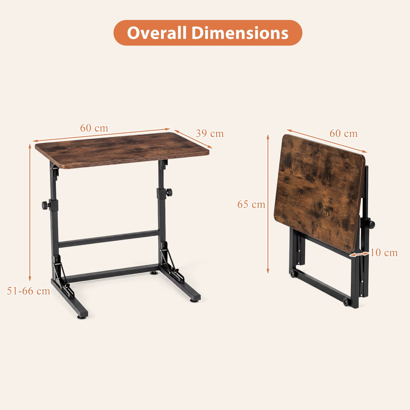 Folding C-Shaped End Table with Metal Frame for Living Room-Rustic Brown