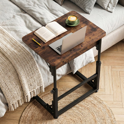 Folding C-Shaped End Table with Metal Frame for Living Room-Rustic Brown