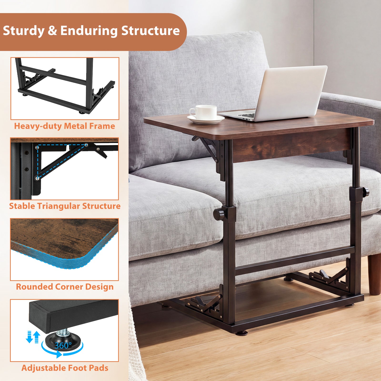 Folding C-Shaped End Table with Metal Frame for Living Room-Rustic Brown