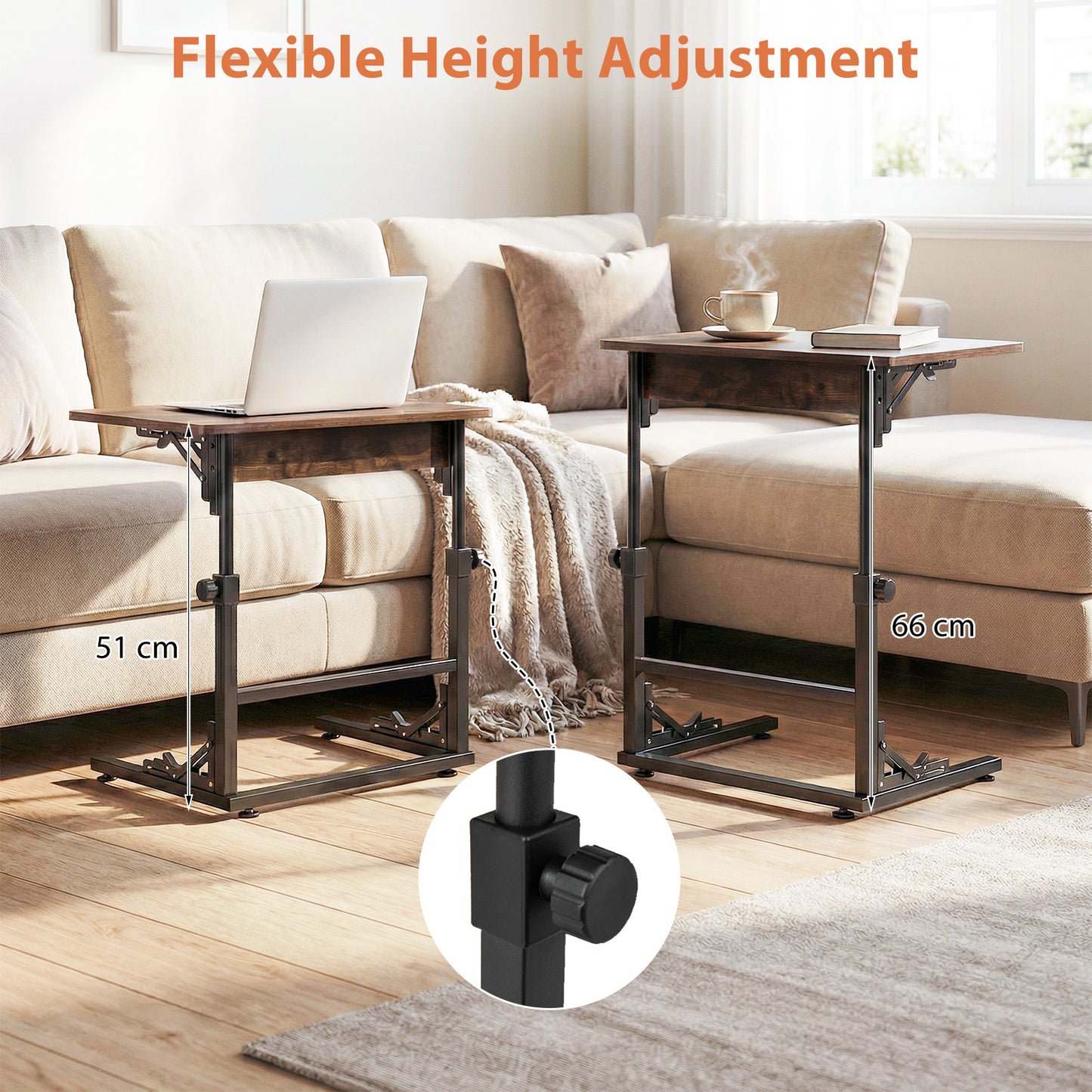 Folding C-Shaped End Table with Metal Frame for Living Room-Rustic Brown