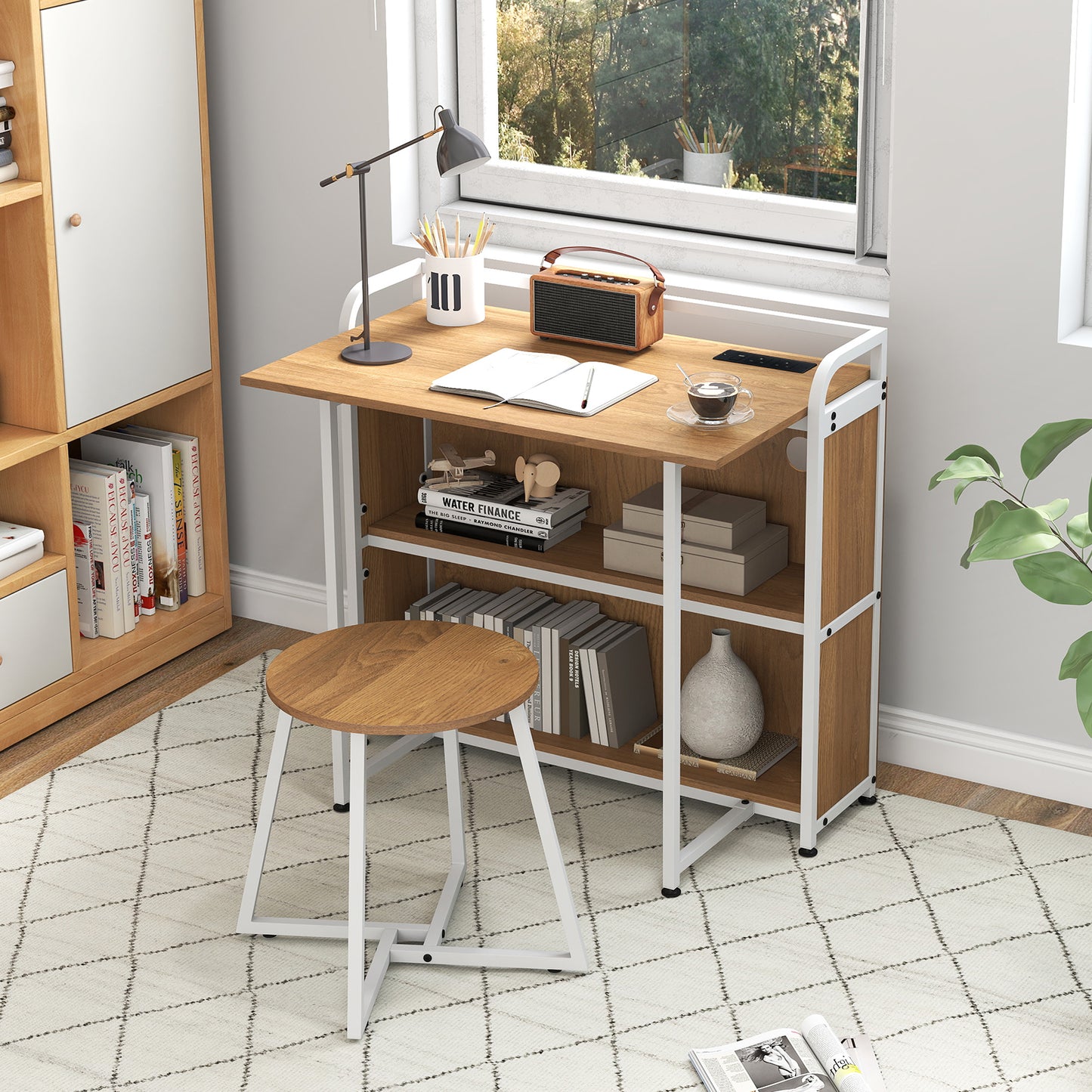 Folding Computer Desk with Stool and Storage Shelves with AC Outlets-Natural