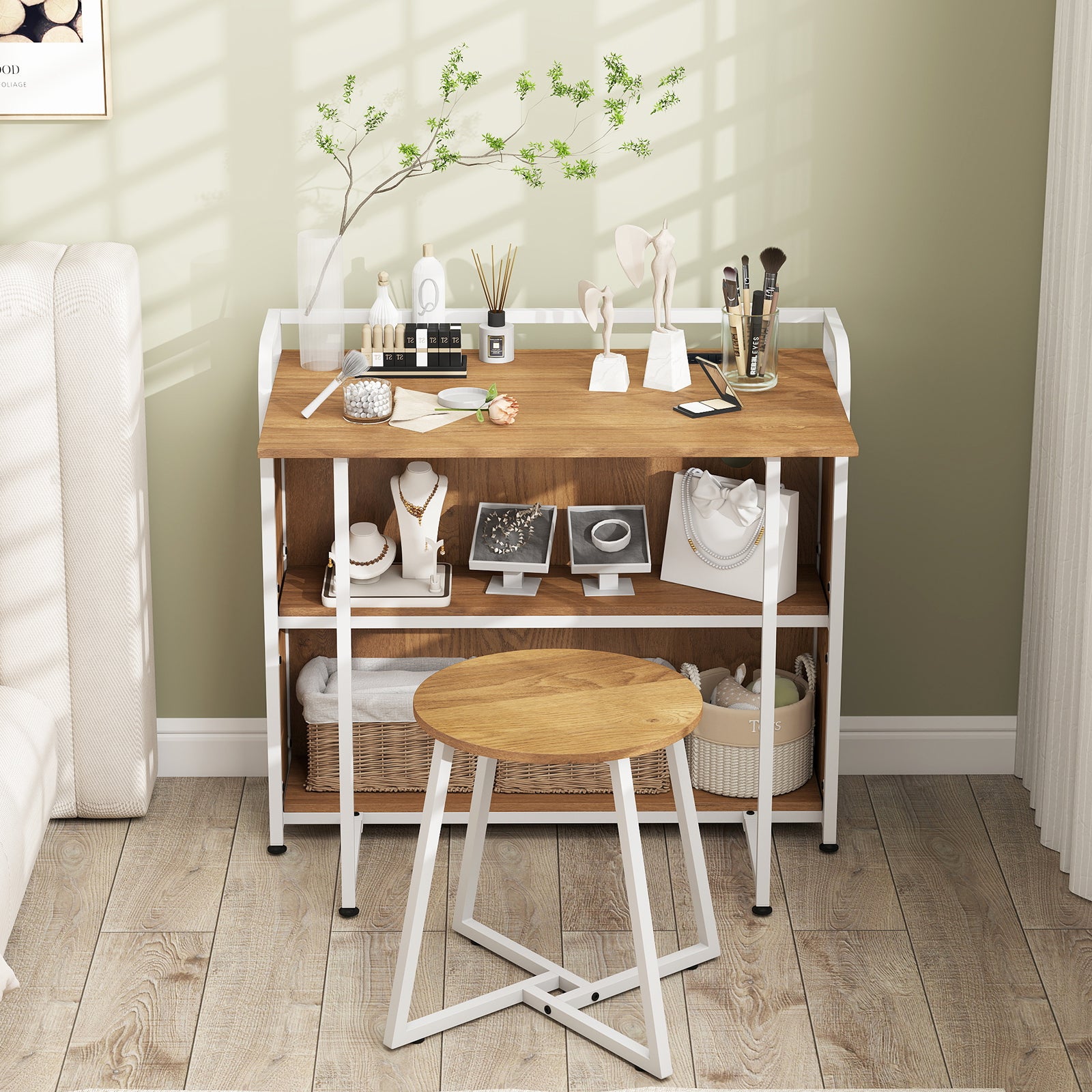 Folding Computer Desk with Stool and Storage Shelves with AC Outlets-Natural