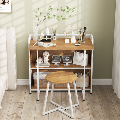Folding Computer Desk with Stool and Storage Shelves with AC Outlets-Natural