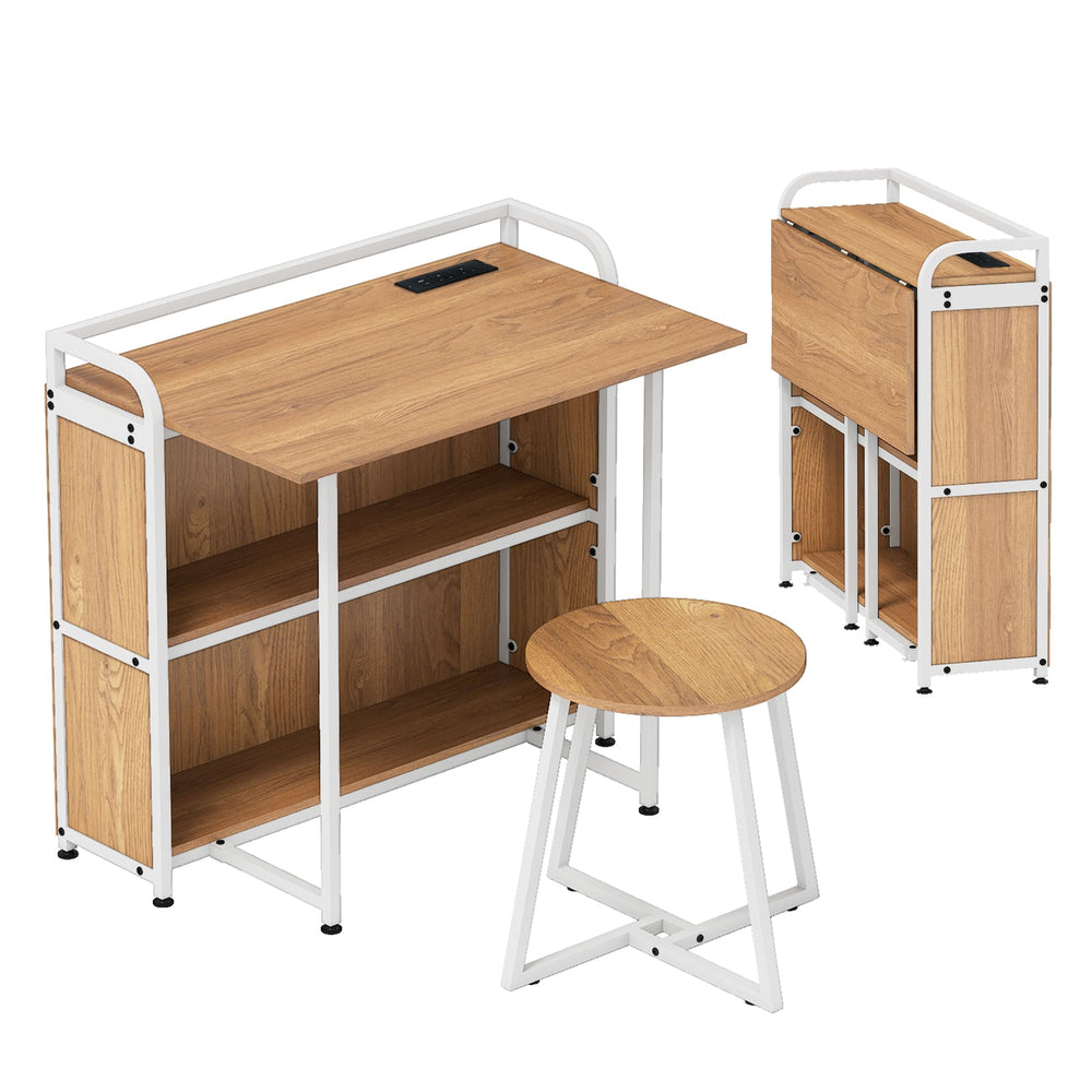 Folding Computer Desk with Stool and Storage Shelves with AC Outlets-Natural