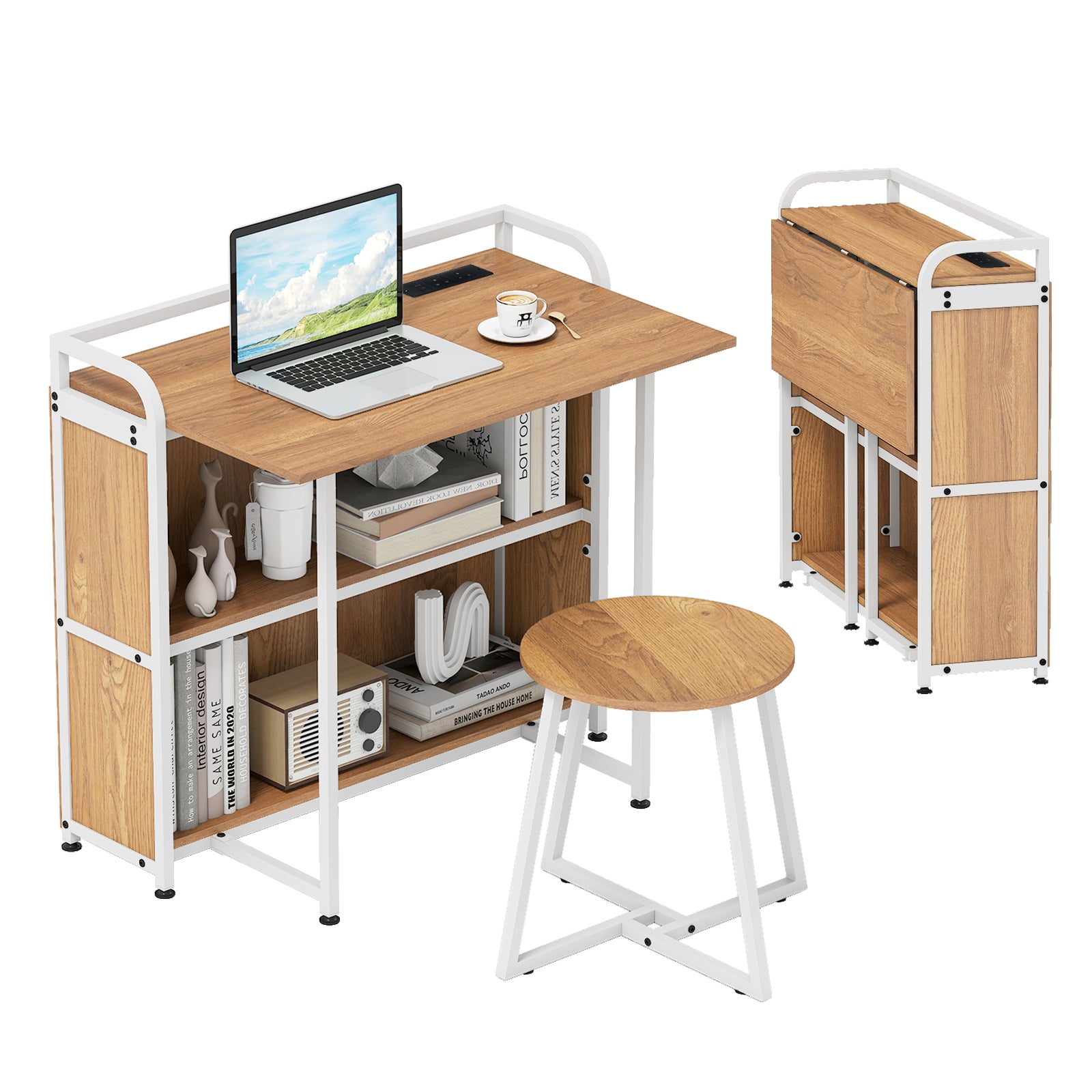 Folding Computer Desk with Stool and Storage Shelves with AC Outlets-Natural